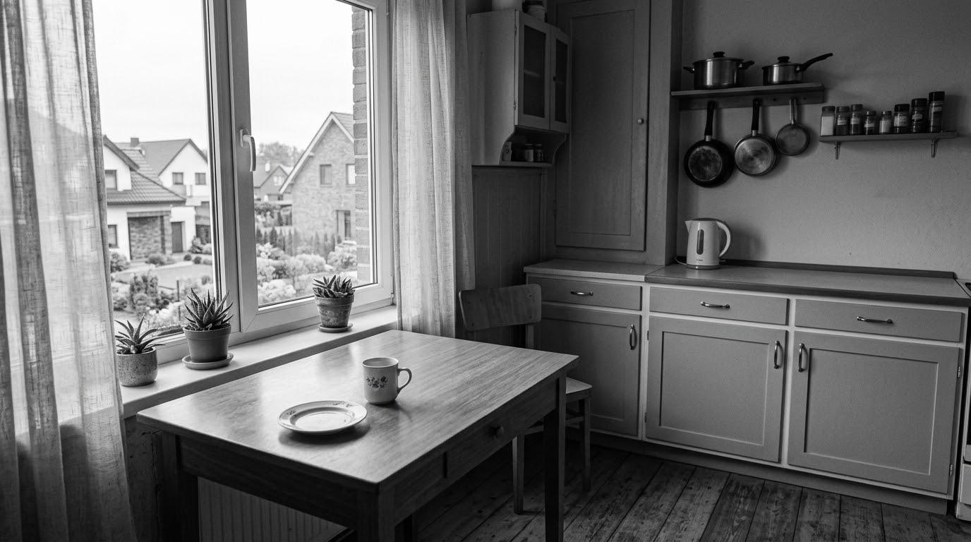 A kitchen in morning light, a set mug on the table, nobody in the frame.