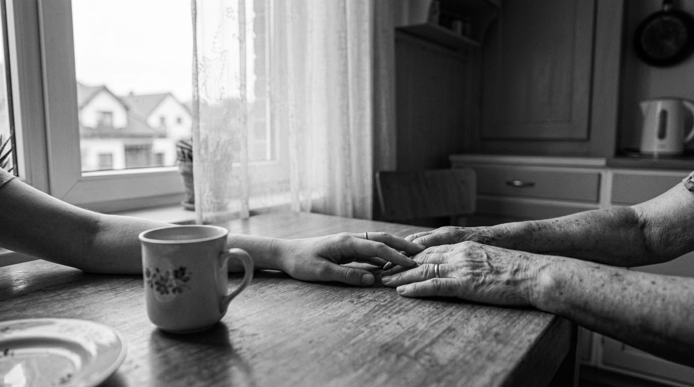 The hands of two generations on a kitchen table, the younger and the older touching.